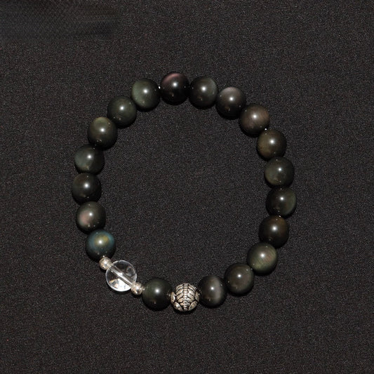 Obsidian and Clear Quartz Pixiu Healing Stone Bracelet - 8mm beads for energy and protection