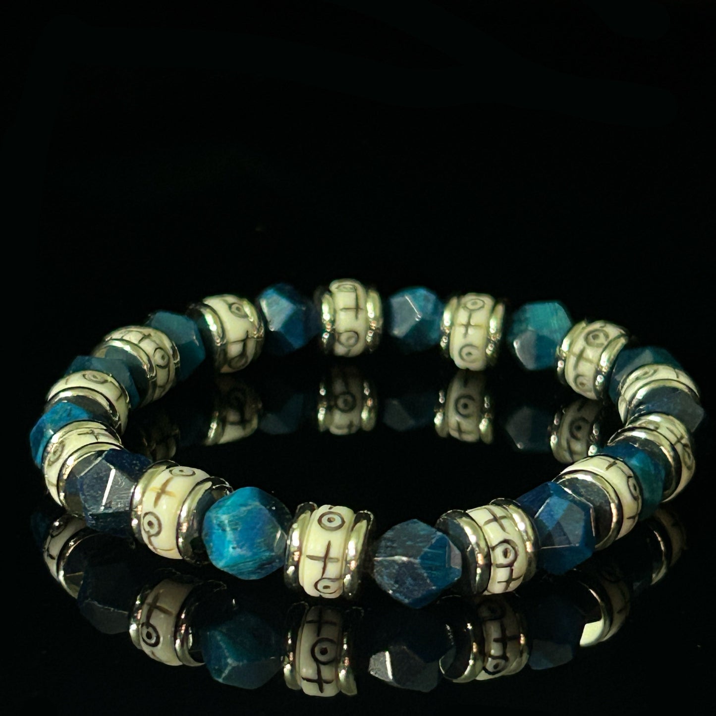 Men’s beaded bracelets with natural blue tiger eye stones and bone beads, 8mm size