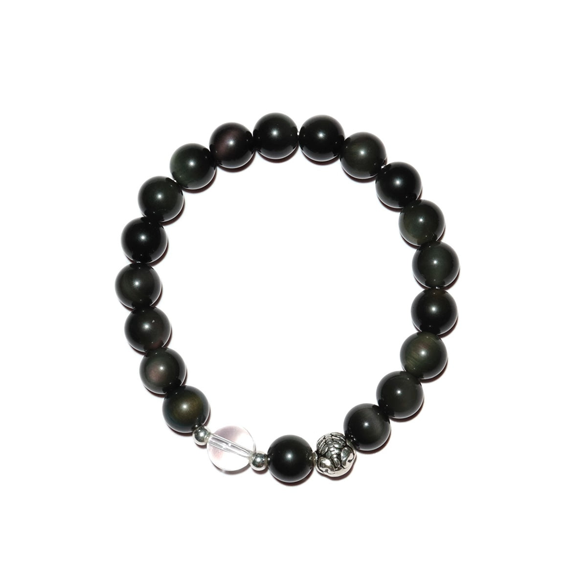Close-up of clear quartz Pixiu charm with 8mm black obsidian beads