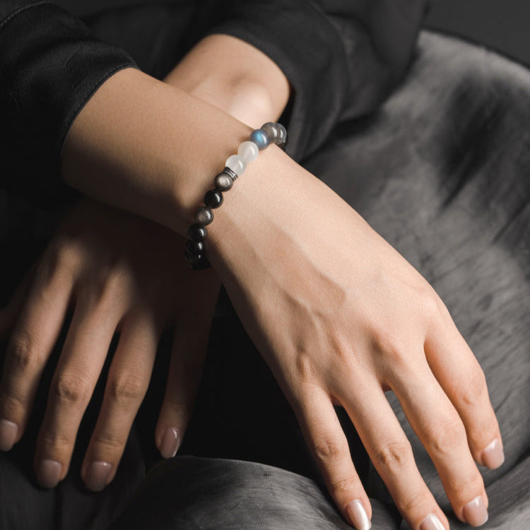 A perfect energy stone bracelet gift for him and her made with natural moonstone and obsidian
