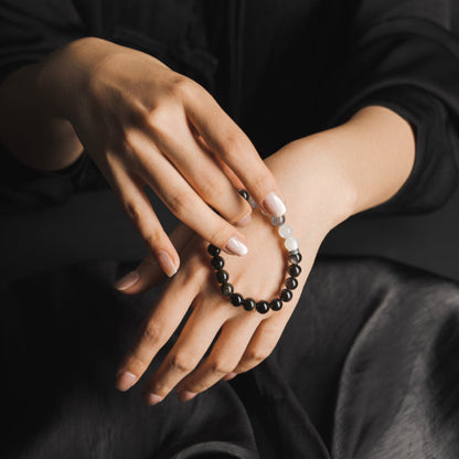 Minimalist mens beaded bracelet with moonstone and silver obsidian for energy and style
