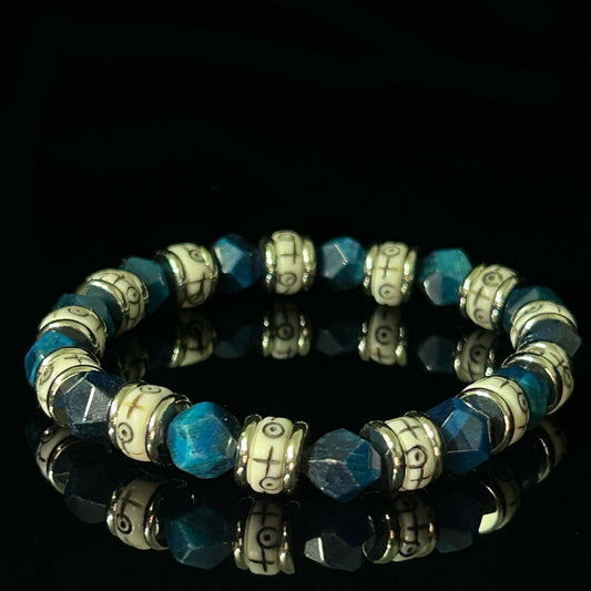 Men’s beaded bracelets with natural blue tiger eye stones and bone beads, 8mm size