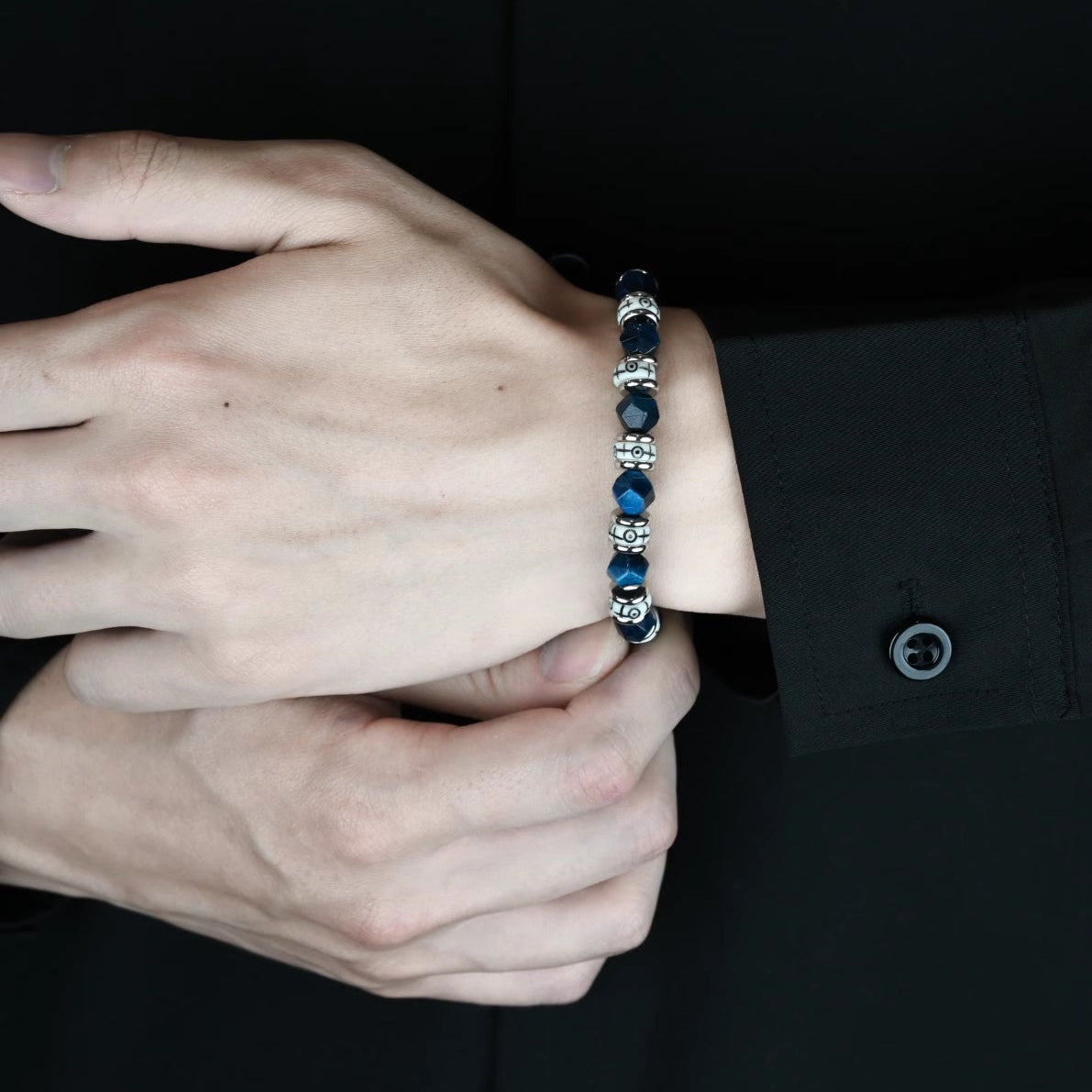 Natural stone mens beaded bracelets with bone and tiger eye beads