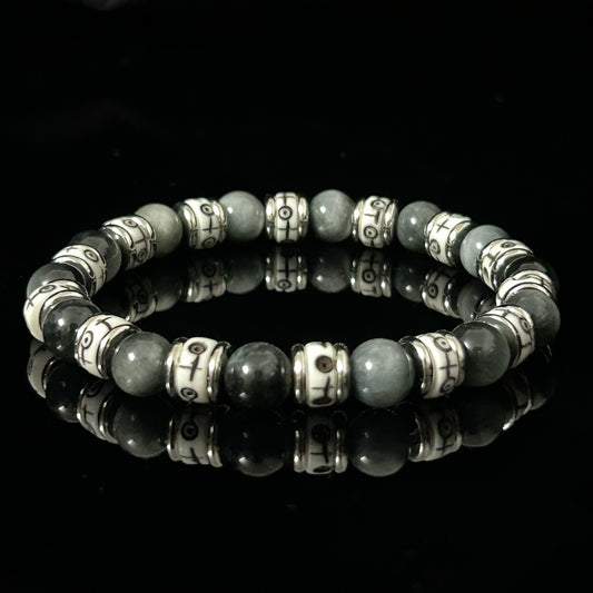 Obsidian and Tiger Eye mens beaded bracelet with polished natural stones on elastic cord