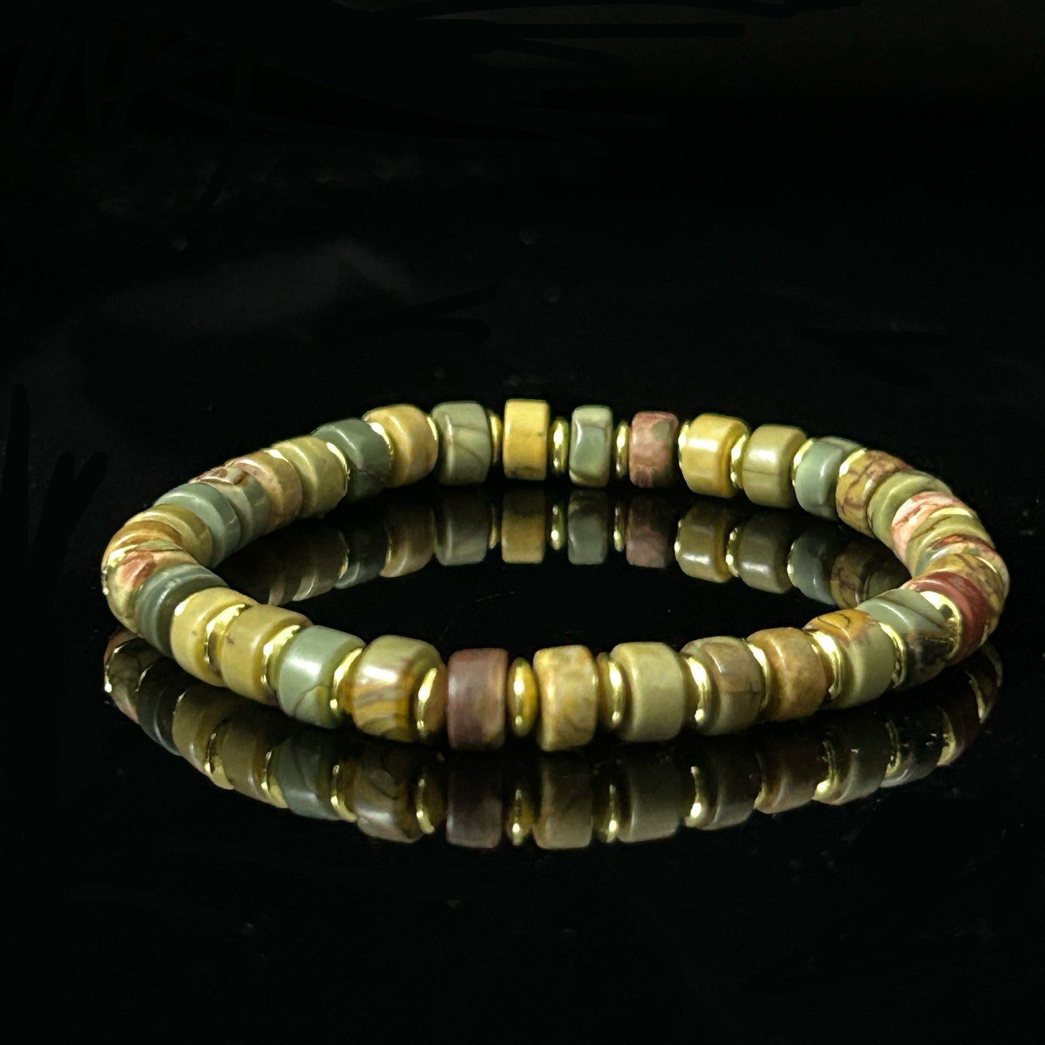 Front view of Picasso Stone mens beaded bracelet with 6mm disc beads