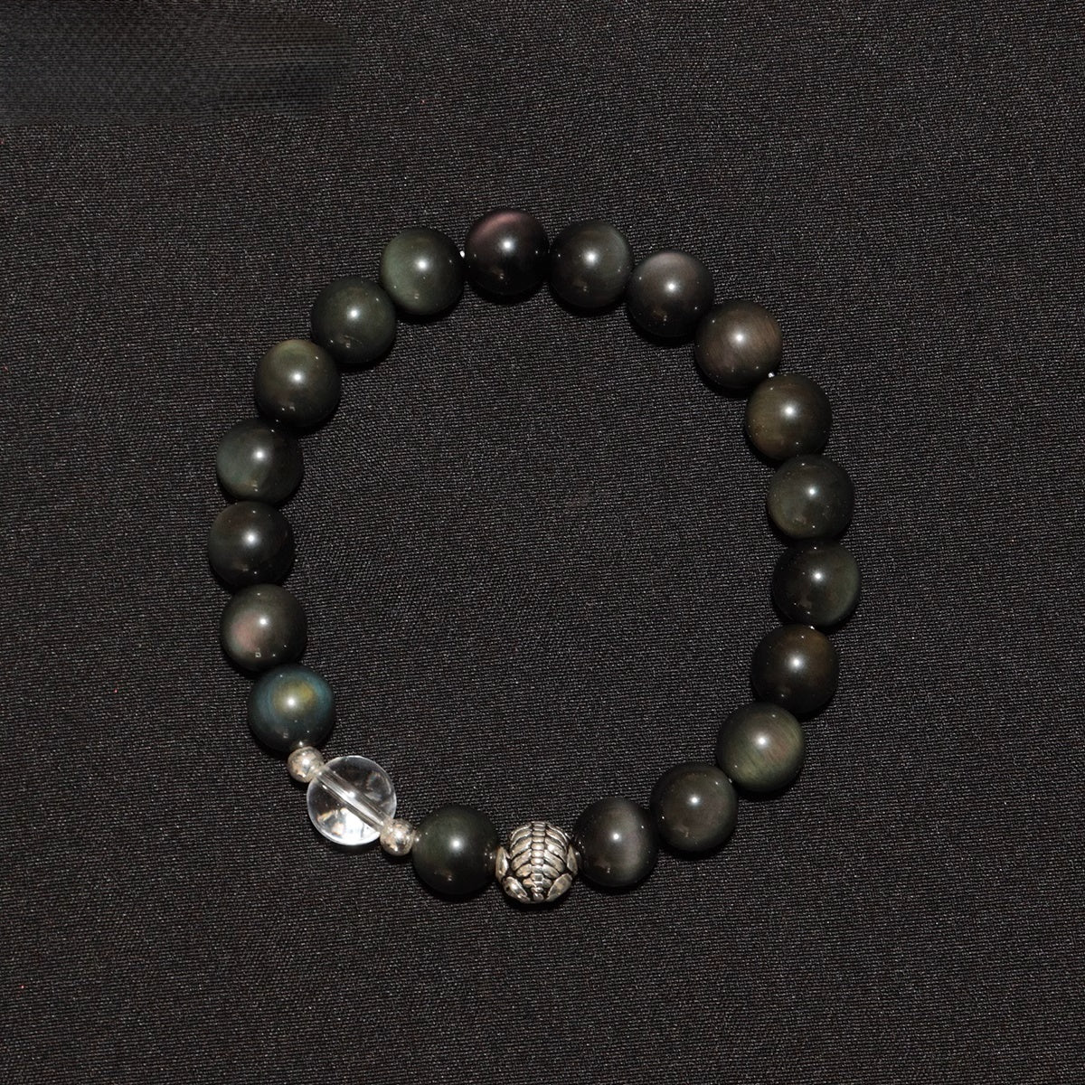 Unisex healing stone bracelet with obsidian and Pixiu, worn on wrist