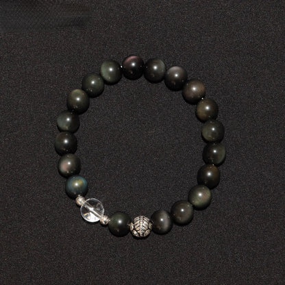 Unisex healing stone bracelet with obsidian and Pixiu, worn on wrist