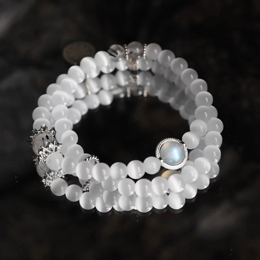 White Cat's Eye Beaded Charm Bracelet – Double Layer Wrap Design